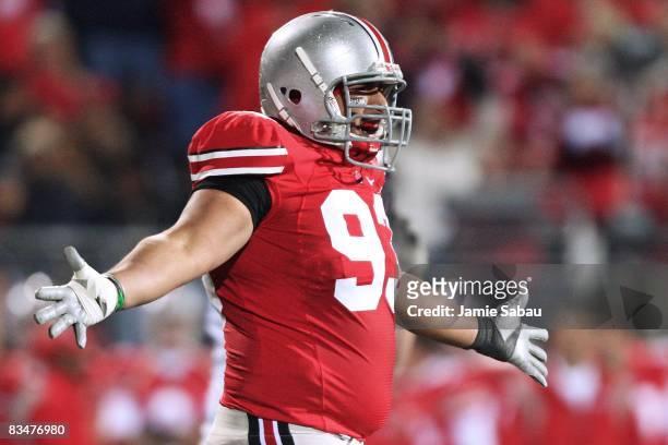 Defensive lineman Nader Abdallah of the Ohio State Buckeyes celebrates a defensive stop against the Penn State Nittany Lions on October 25, 2008 at...
