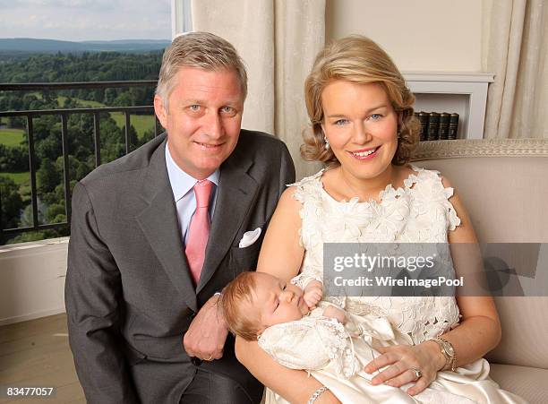 Prince Philippe and Princess Mathilde holding baby Princess Eleonore of Belgium pose for a photo at Ciergnon Castle on June 14, 2008 in Ciergnon,...