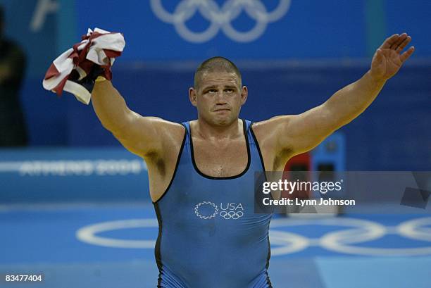 Greco-Roman Wrestling: 2004 Summer Olympics: USA Rulon Gardner victorious after Men's 96kg-120kg match at Ano Liossia Olympic Hall. Athens, Greece...