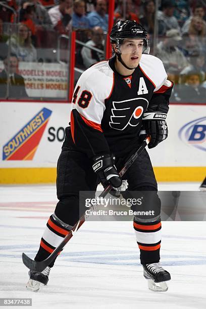 Daniel Briere of the Philadelphia Flyers skates during the game against the San Jose Sharks on October 22, 2008 at Wachovia Center in Philadelphia,...