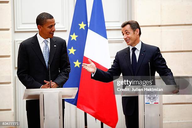 French president Nicolas Sarkozy and presumptive U.S. Democratic presidential candidate Sen. Barack Obama speak at a joint press conference at Elysee...