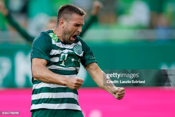 Daniel Bode of Ferencvarosi TC celebrates his goal during the Hungarian OTP Bank Liga match between Ferencvarosi TC and Swietelsky Haladas at...