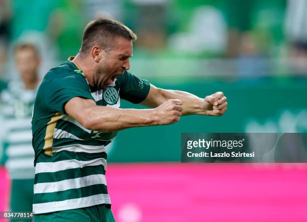 Daniel Bode of Ferencvarosi TC celebrates his goal during the Hungarian OTP Bank Liga match between Ferencvarosi TC and Swietelsky Haladas at...