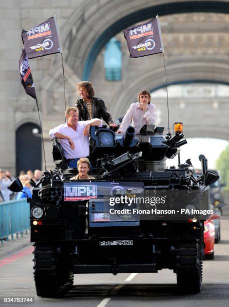 Top Gear presenters, Jeremy Clarkson, James May and Richard Hammond, are driven across Tower Bridge in a stretched 434 Armoured Personel Carrier, to...