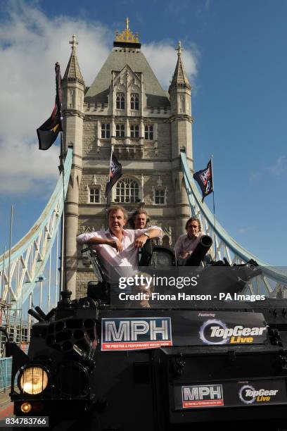Top Gear presenters, Jeremy Clarkson, James May and Richard Hammond, are driven across Tower Bridge in a stretched 434 Armoured Personel Carrier, to...