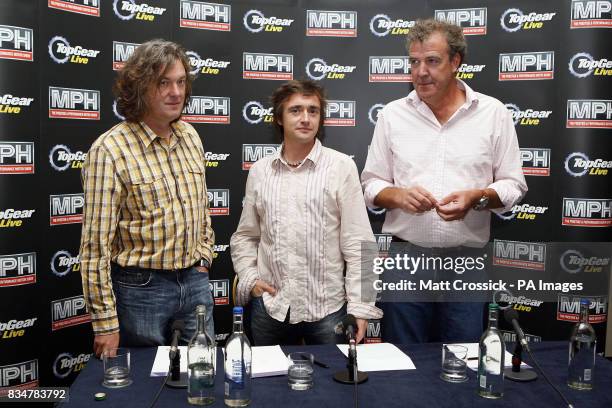 Top Gear presenters, Top Gear presenters James May, Richard Hammond and Jeremy Clarkson at a press conference in Tower Hotel, to launch Top Gear...