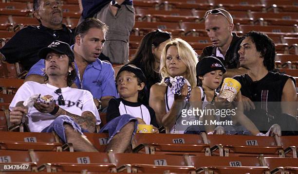 Pamela Anderson,Tommy Lee and 2 children Brandon Thomas and Dylan Jagger watch the X Games - Moto X Freestyle competition at the AL Coliseum in Los...
