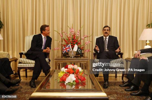 Conservative Party leader David Cameron meets the Pakistani Prime Minister Yousuf Raza Gilani at the Prime Minister's House in Islamabad, Pakistan.