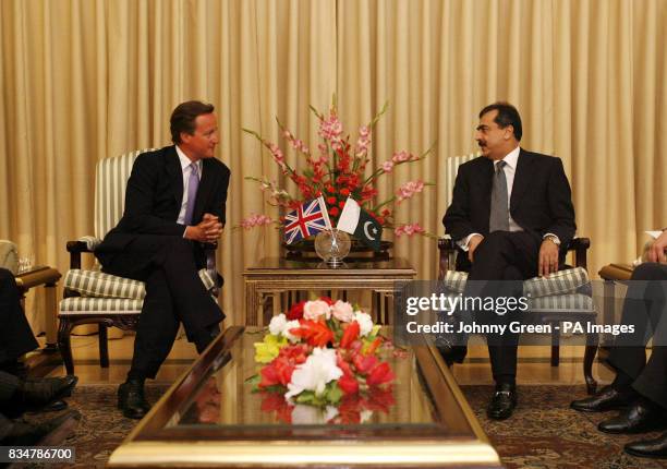 Conservative Party leader David Cameron meets the Pakistani Prime Minister Yousuf Raza Gilani at the Prime Minister's House in Islamabad, Pakistan.