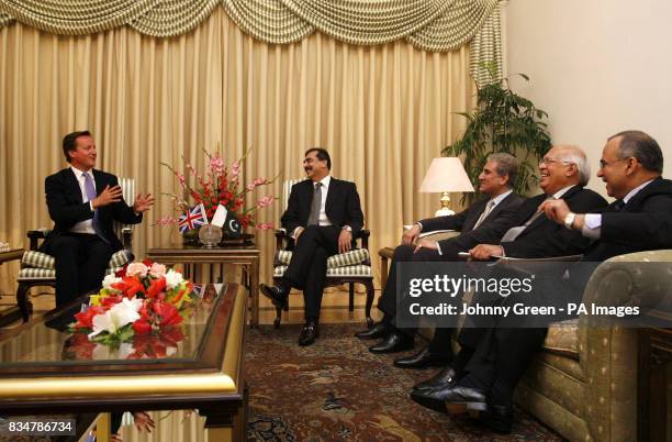 The Conservative Party leader David Cameron meets the Pakistani Prime Minister Yousuf Raza Gilani at Prime Minister's House in Islamabad, Pakistan.