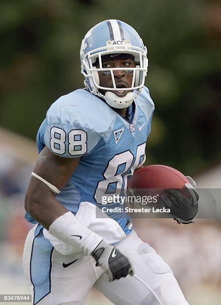 Hakeem Nicks of the North Carolina Tar Heels carries the ball during the game against the Boston College Eagles at Kenan Stadium on October 25, 2008...