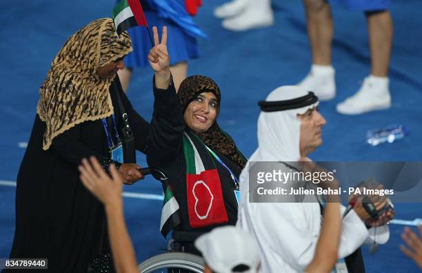 Member of the United Arab Emirates team enters the stadium during the Beijing Paralympic Games 2008 Opening Ceremony at the National Stadium,...