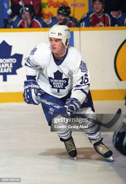 Darby Hendrickson of the Toronto Maple Leafs turns up ice against the Colorado Avalanche during NHL game action on December 11, 1995 at Maple Leaf...