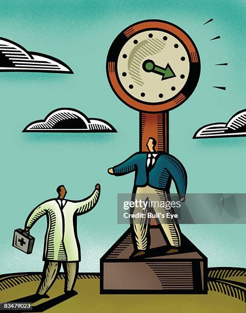 man standing on a weighing scale, while a doctor stands by extending his hand - overweight man standing stock illustrations