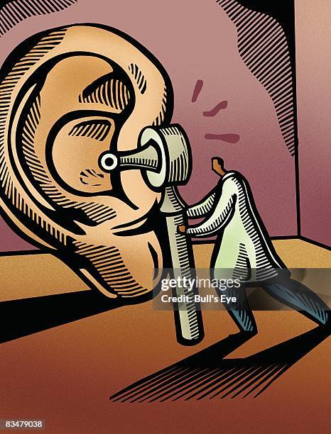 doctor looking through an otoscope at a giant ear - earlobe stock illustrations