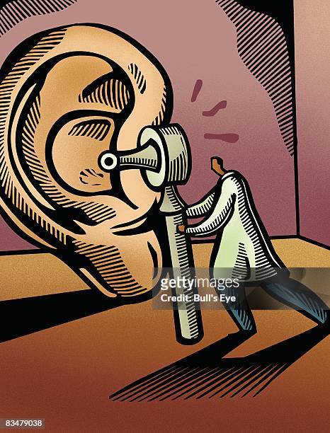 doctor looking through an otoscope at a giant ear - earlobe 幅插畫檔、美工圖案、卡通及圖標