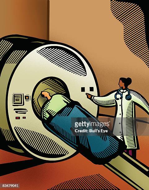 doctor putting a patient through a ct scanner - ct scanner stock illustrations