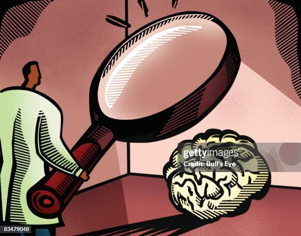 doctor looking at a brain through a giant magnifying glass - back surgery stock illustrations
