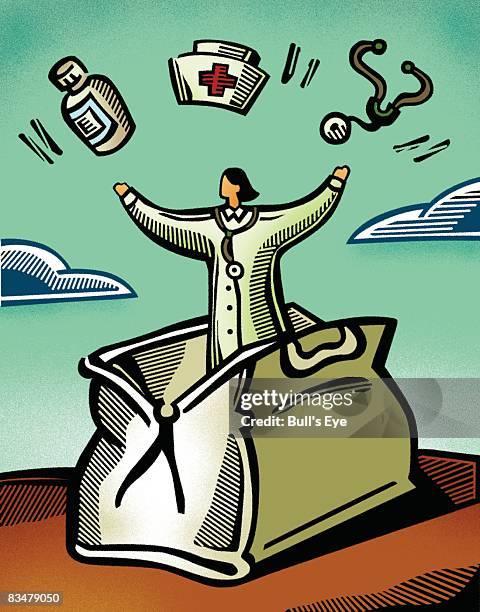 doctor standing in a medical bag juggling different items - woman juggling stock illustrations