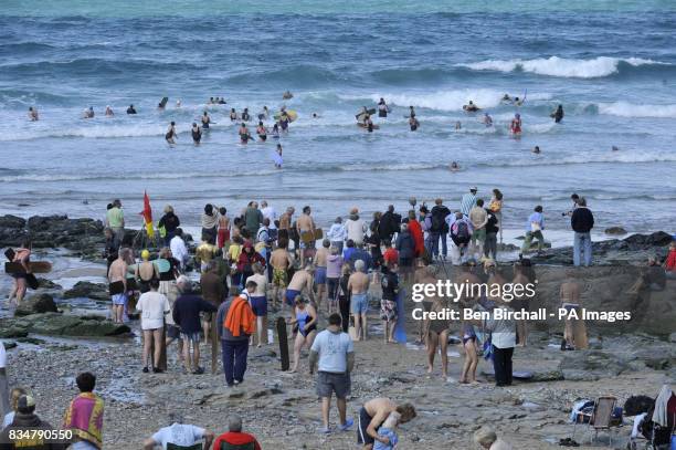 General view of the crowds at the Skinners Brewery World Bellyboard Championships hosted by the National Trust at Chapel Porth Beach, near St Agnes.