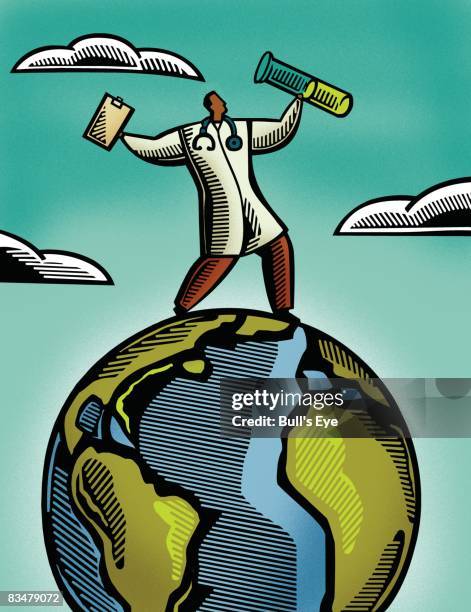 ilustraciones, imágenes clip art, dibujos animados e iconos de stock de doctor holding a test tube and clipboard while standing on top of the earth - conquer the world cartoon