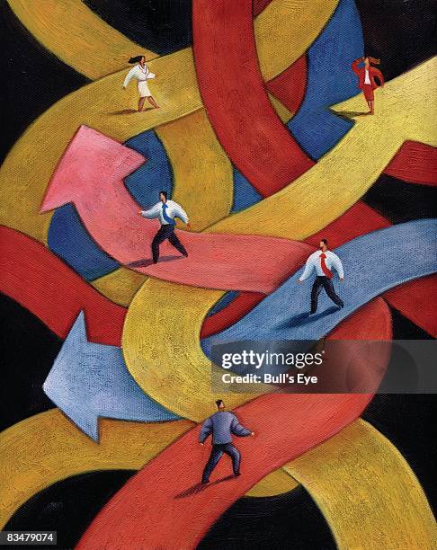 five business people walking on different arrow pathways pointing in different directions - winding road illustration stock illustrations