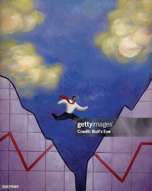 businessman leaping over a gap in a torn line graph - single tear stock illustrations