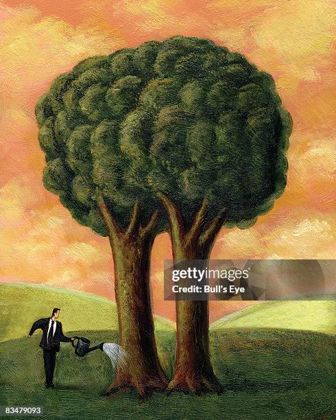 businessman watering a tree with two trunks - weird man stock illustrations