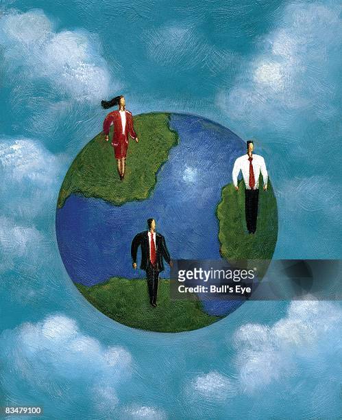 three business people standing on different continents of the earth - 女性と複数の男性点のイラスト素材／クリップアート素材／マンガ素材／アイコン素材