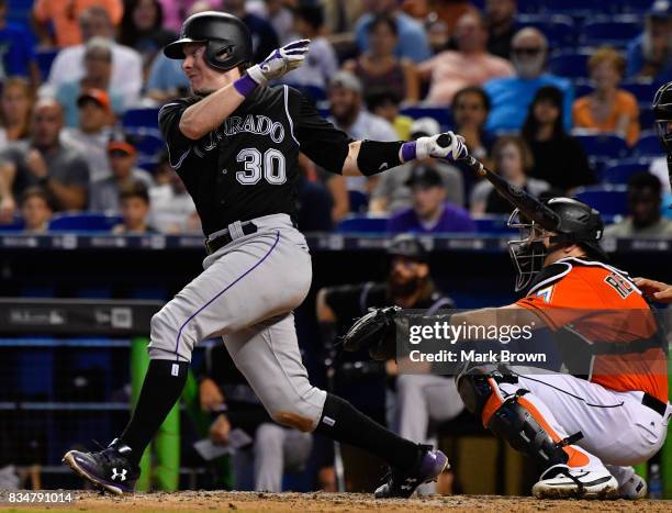 Ryan Hanigan of the Colorado Rockies in action during the game between the Miami Marlins and the Colorado Rockies at Marlins Park on August 13, 2017...