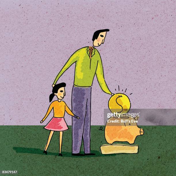 ilustraciones, imágenes clip art, dibujos animados e iconos de stock de a man and his daughter putting a coin into piggy bank - pago de matrícula
