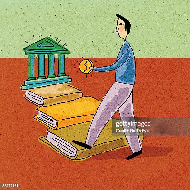 ilustraciones, imágenes clip art, dibujos animados e iconos de stock de a man holding money, walking along a path of books towards a bank - pago de matrícula