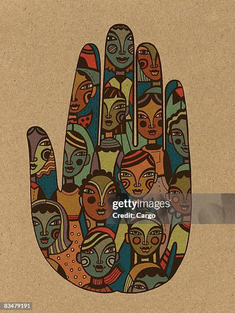 a human hand with several people inside it - root cause stock illustrations