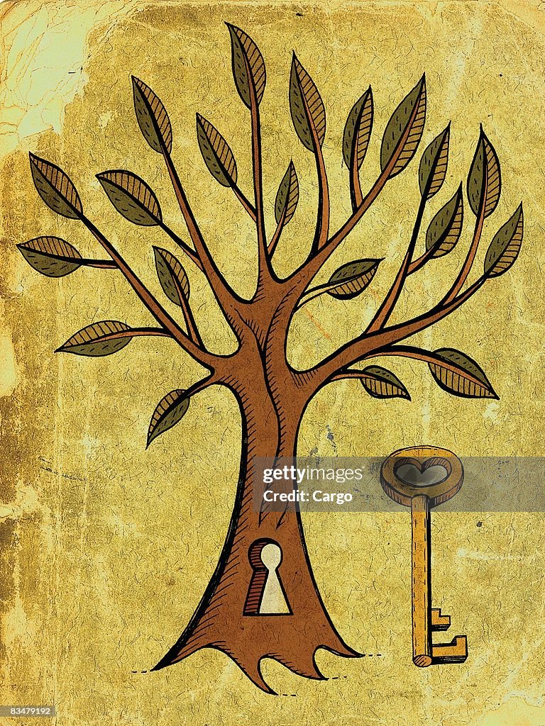 A skeleton key and a tree with a key hole in the trunk of it