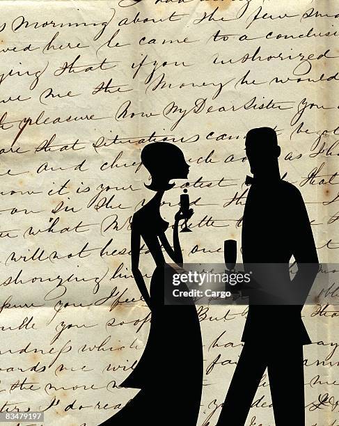 silhouettes of a man and woman holding cocktails against a background of old script - adult cocktail party background stock-grafiken, -clipart, -cartoons und -symbole