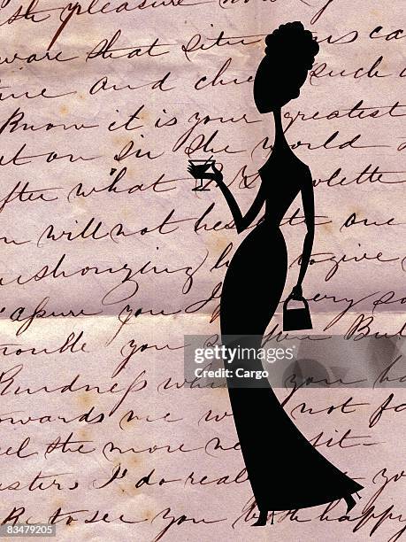 silhouette of a woman holding a cocktail,  with a vintage letter in the background - adult cocktail party background stock-grafiken, -clipart, -cartoons und -symbole