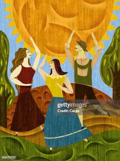 three people dancing near the sun - dancing outside stock illustrations