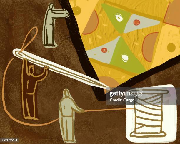 three people sewing a large quilt - project manager stock illustrations