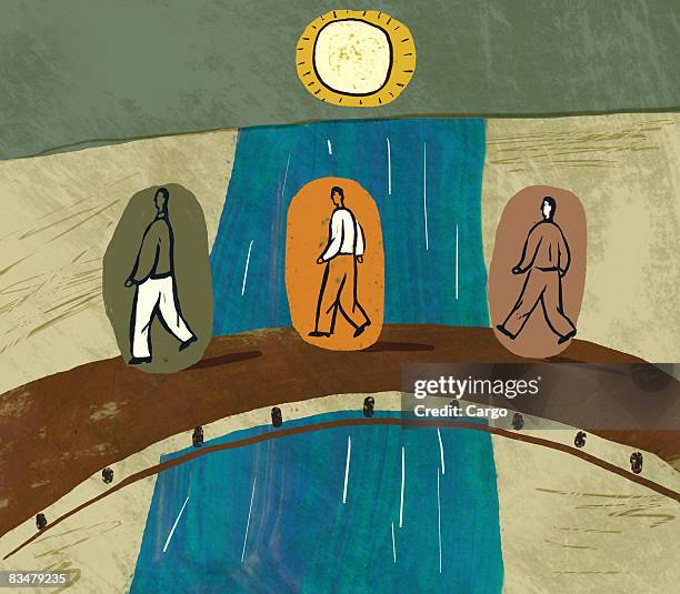 three men crossing a bridge over a river - support group stock illustrations