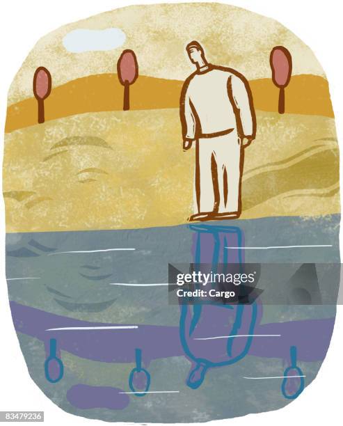a man looking at his reflection in the water - age discrimination stock illustrations