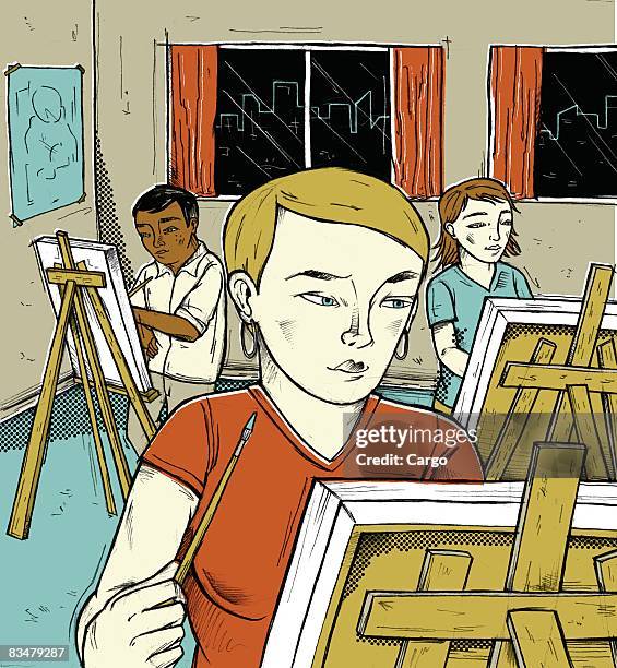 three students painting at their easels - art class stock illustrations
