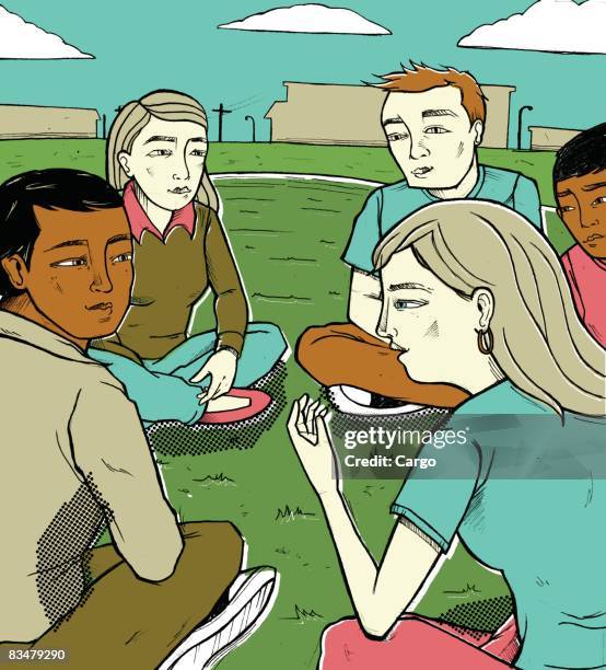 students sitting cross legged in a circle on the grass - peer pressure stock illustrations