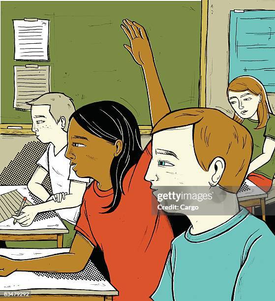 students in a class, with a girl raising her hand - teachers pet stock illustrations