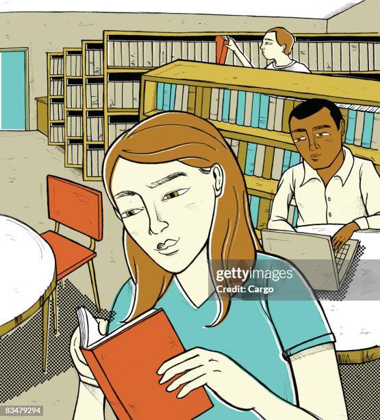 students reading book and using computer in a library - cartoon-research-library stock illustrations