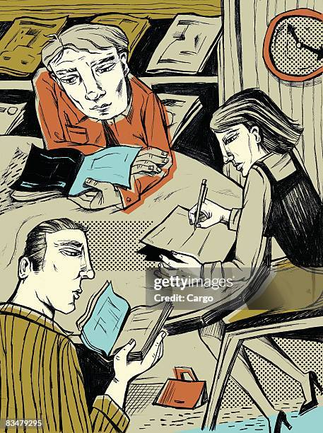 three people studying at a round table - public library stock illustrations