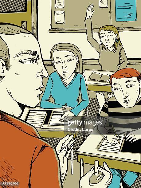 teacher and students in a class, with a girl raising her hand - teachers pet stock illustrations