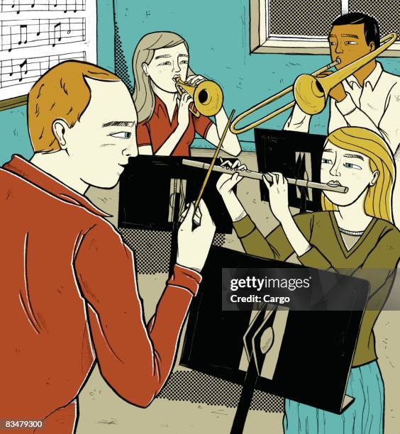 ilustraciones, imágenes clip art, dibujos animados e iconos de stock de students playing various band instruments - kid playing trumpet cartoon