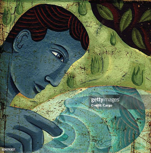 a man touching his reflection in the water - narziss mythologie stock-grafiken, -clipart, -cartoons und -symbole