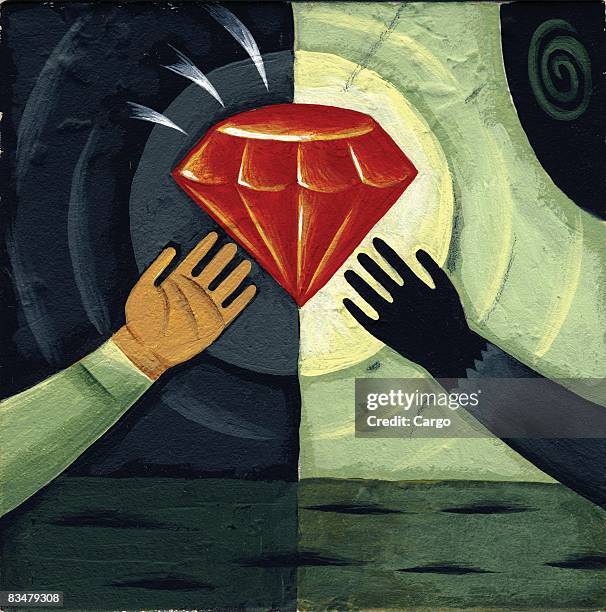 two human hands reaching out for a red diamond - two hands reaching stock illustrations