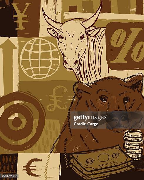 illustrazioni stock, clip art, cartoni animati e icone di tendenza di a bear and a bull with currency symbols in the background - yuan symbol